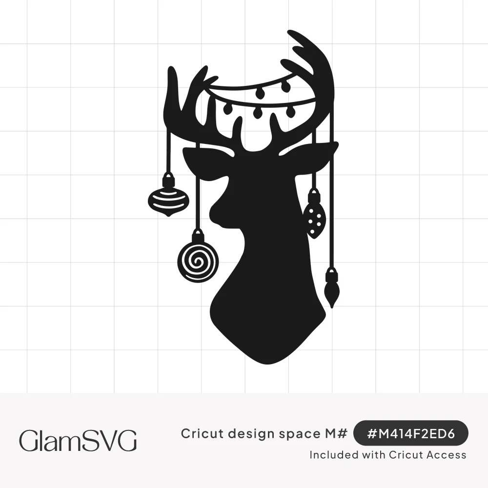 Black silhouette of a reindeer head with string lights and hanging Christmas ornaments draped from its antlers