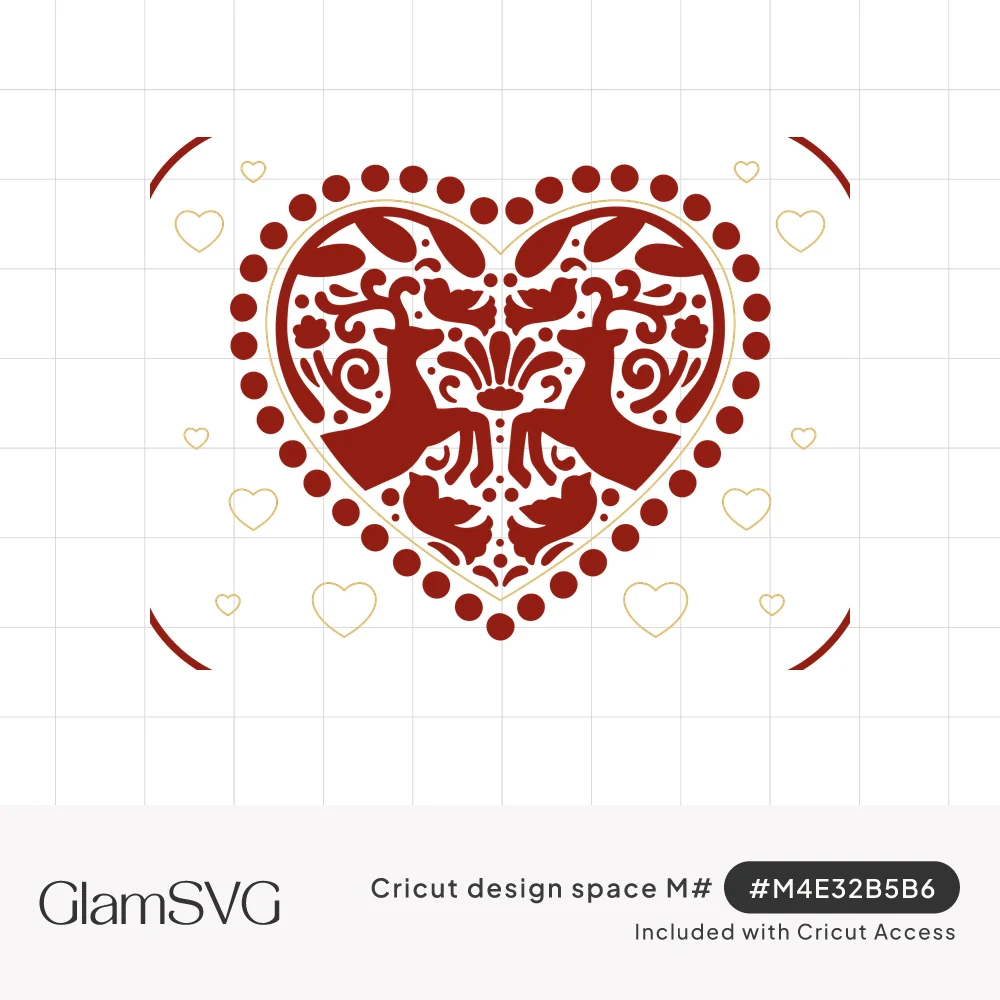 Red folk art heart with two mirrored reindeer, flowers, and birds, framed by dots and small outline hearts
