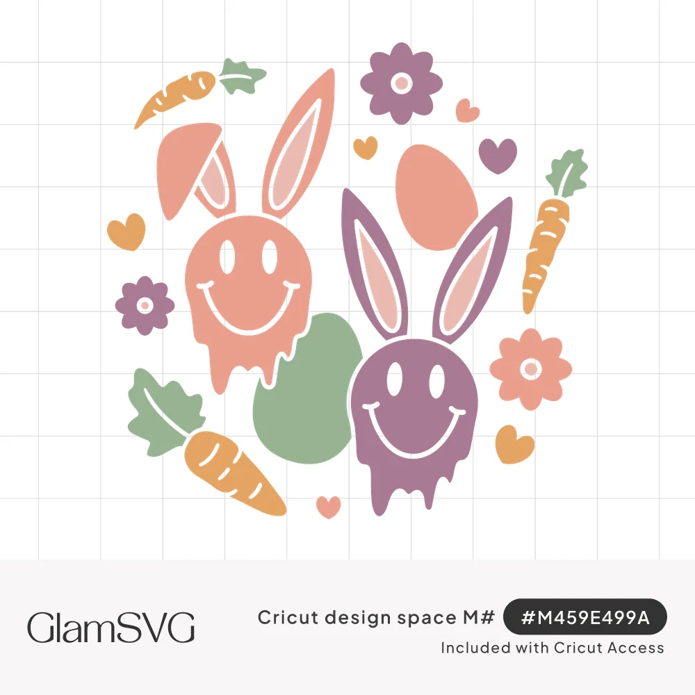 Two pastel melting smiley-face bunnies with long ears surrounded by Easter eggs, carrots, flowers and small hearts