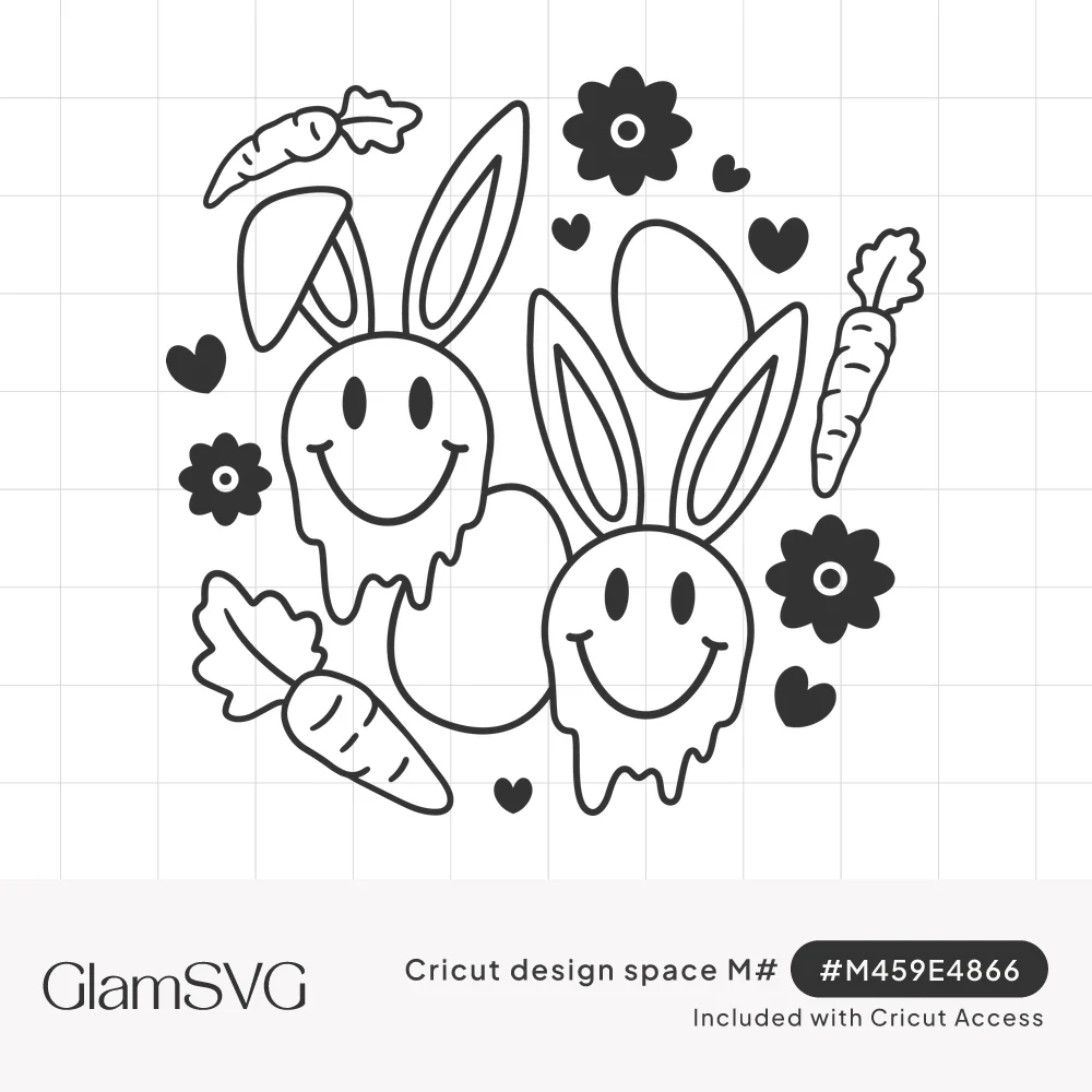 Two melting smiley-face bunnies surrounded by carrots, Easter eggs, daisies and hearts in black line art