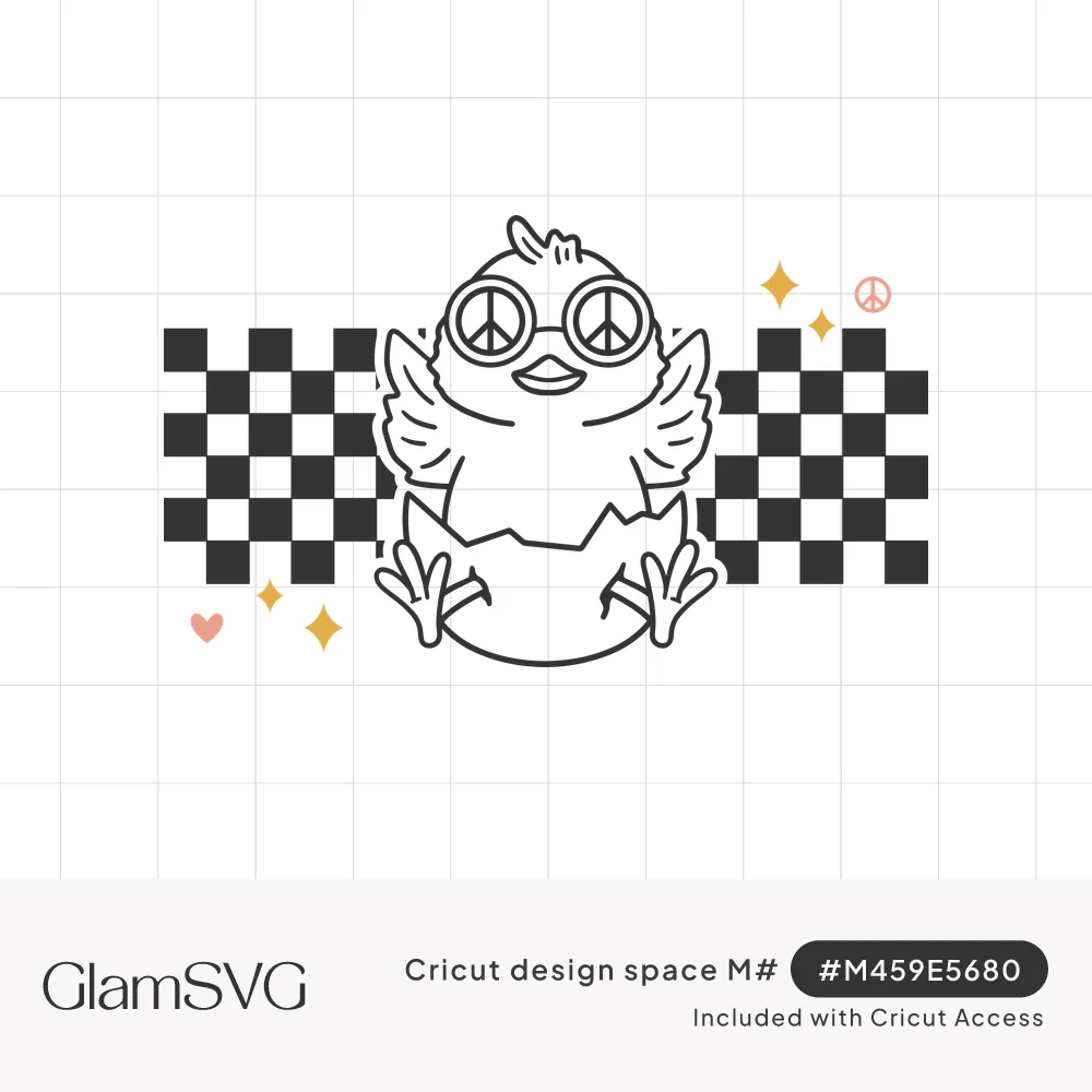 Line art chick in peace sign glasses hatching from a cracked egg over a black and white checkered band with sparkles
