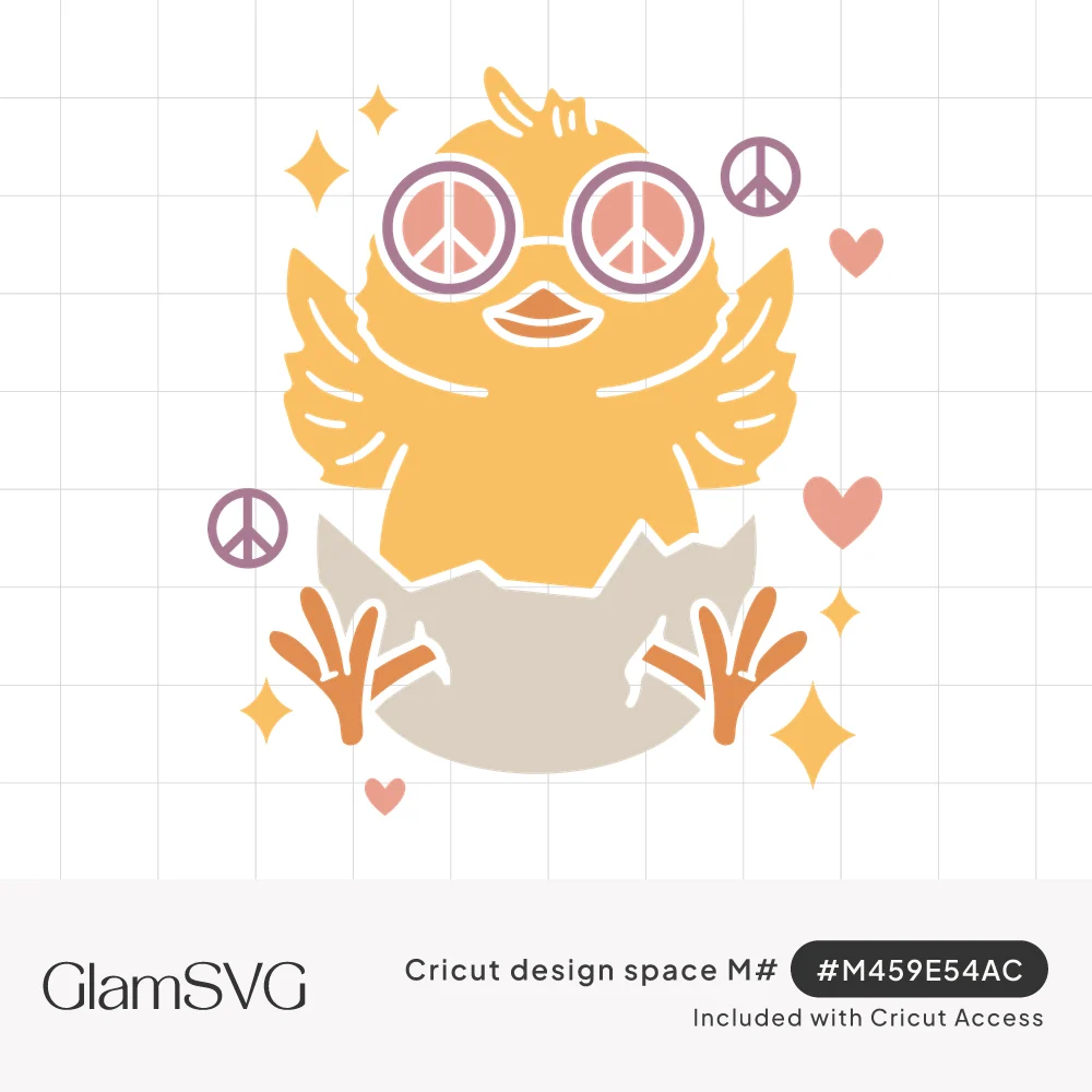 Yellow chick hatching from an eggshell wearing peace sign glasses, surrounded by hearts, sparkles and peace symbols