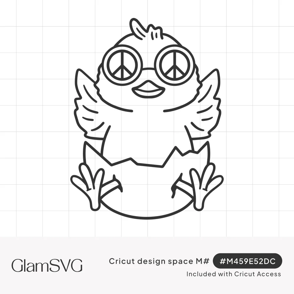 Line art of a fluffy chick hatching from a cracked eggshell, wings spread, wearing round peace sign glasses