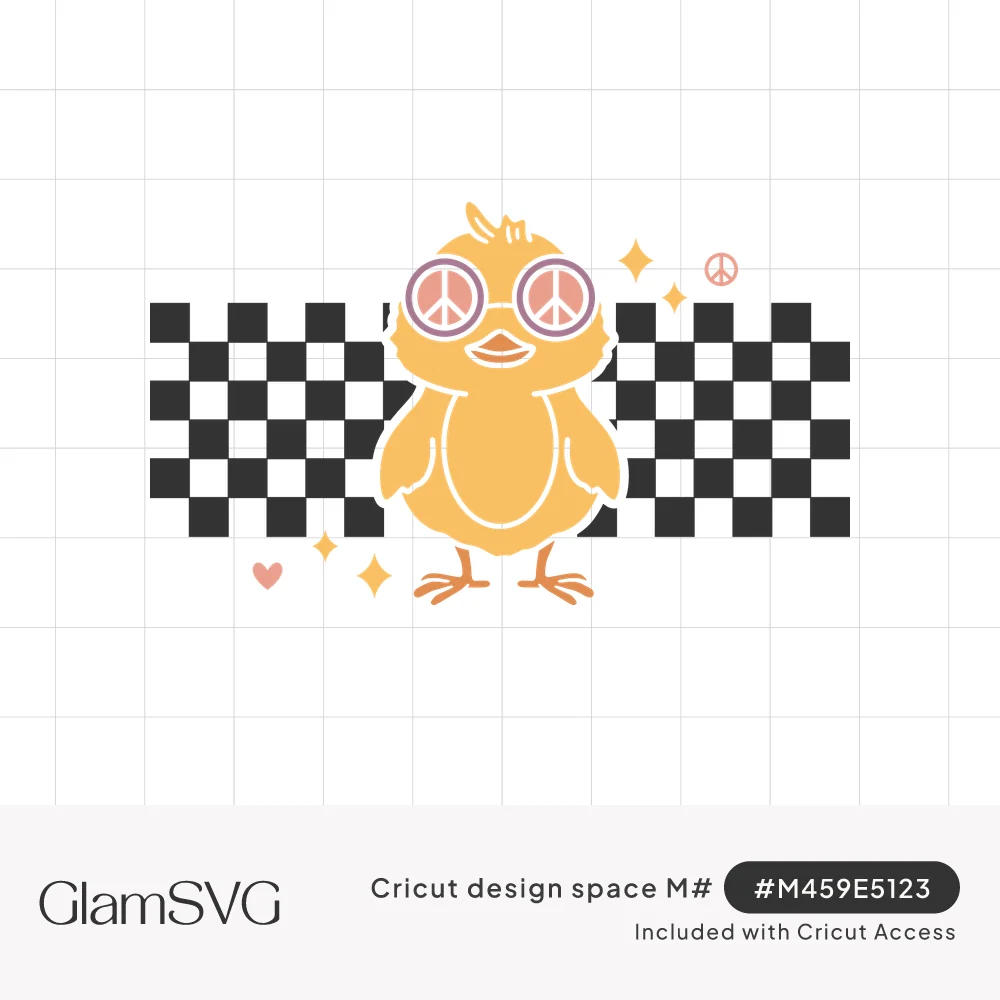 Yellow chick wearing pink peace sign sunglasses in front of a black and white checkered band with sparkles and a heart