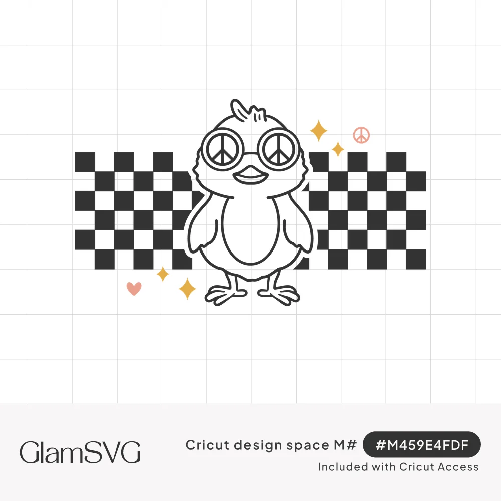 Outlined baby chick wearing peace sign glasses in front of a black checkerboard band with gold sparkles and a pink heart