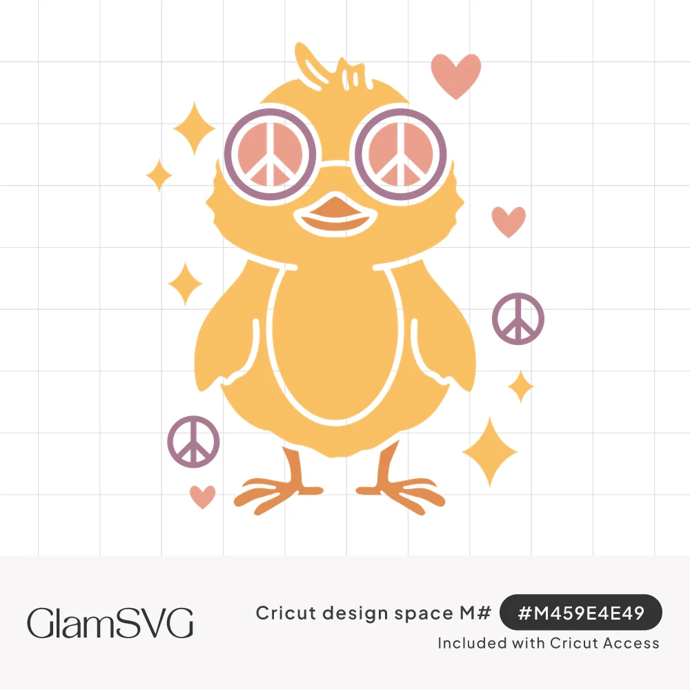 Yellow baby chick wearing round peace sign glasses, surrounded by pink hearts, sparkles and purple peace signs