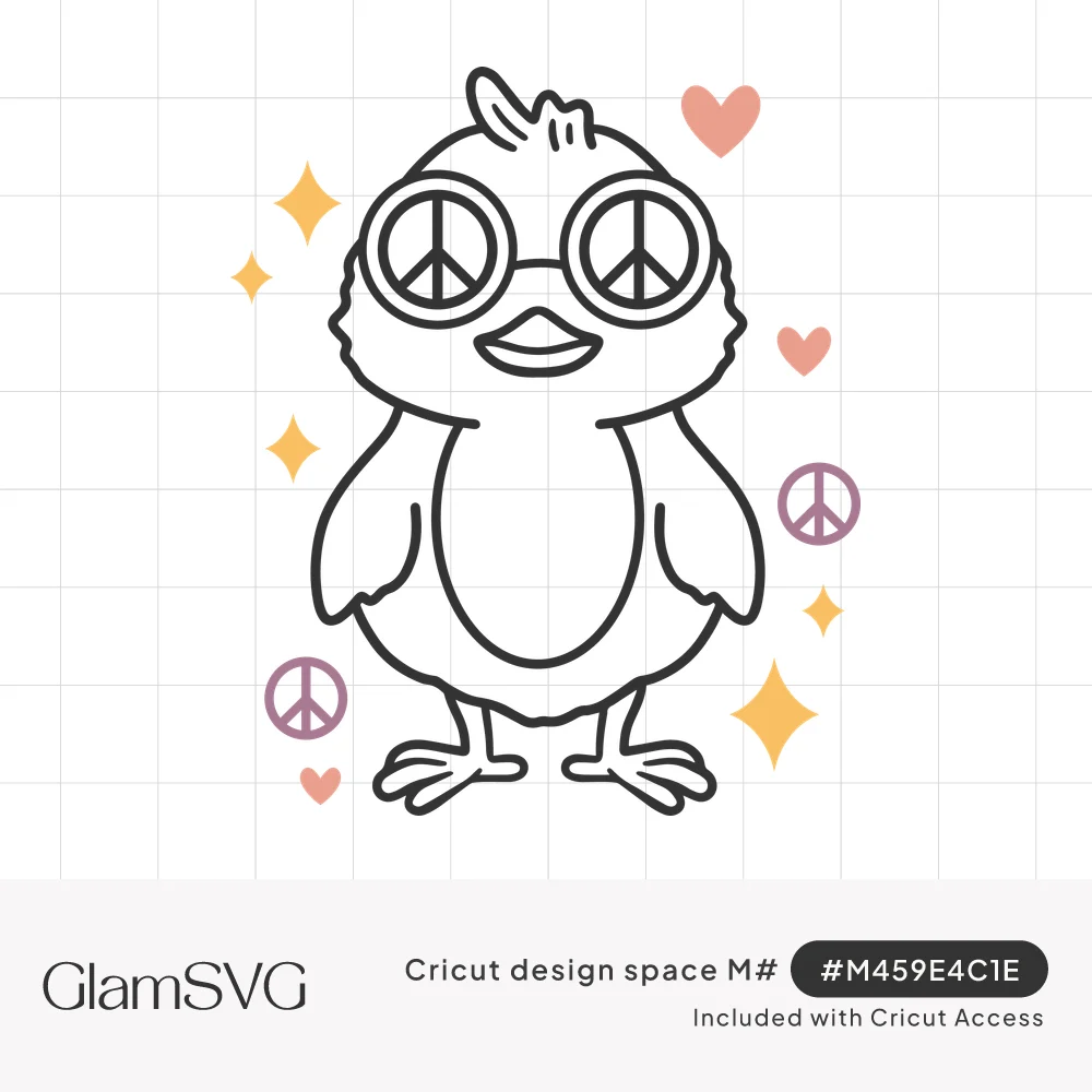 Outlined cartoon chick wearing round peace sign glasses, surrounded by pink hearts, yellow sparkles and peace symbols