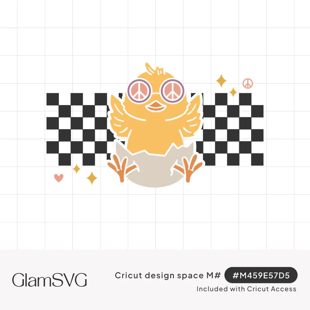 Yellow chick in peace sign glasses hatching from an eggshell over a black and white checkerboard with sparkles