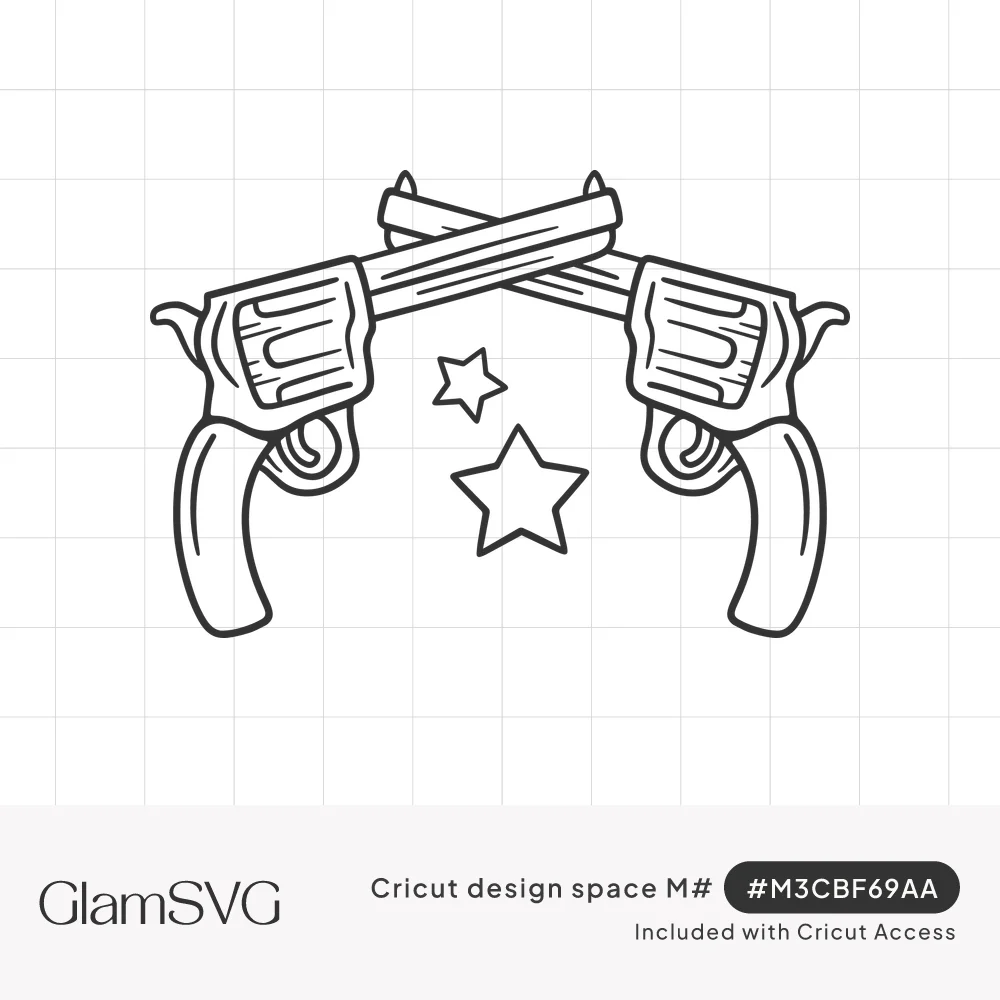 Black line art of two crossed western revolvers with two small stars between them