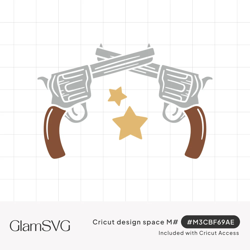 Two crossed silver revolvers with brown wooden grips and two gold stars between them in a western style