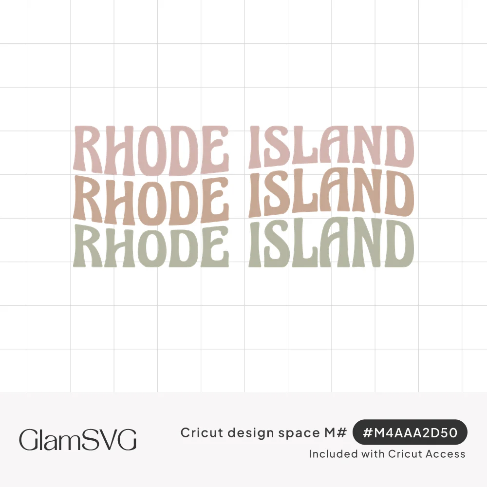 The words Rhode Island repeated three times in wavy retro letters, stacked in dusty pink, caramel and sage green