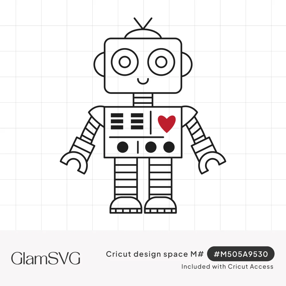 Black line drawing of a smiling boxy robot with round eyes, antenna, claw hands and a red heart on its chest panel