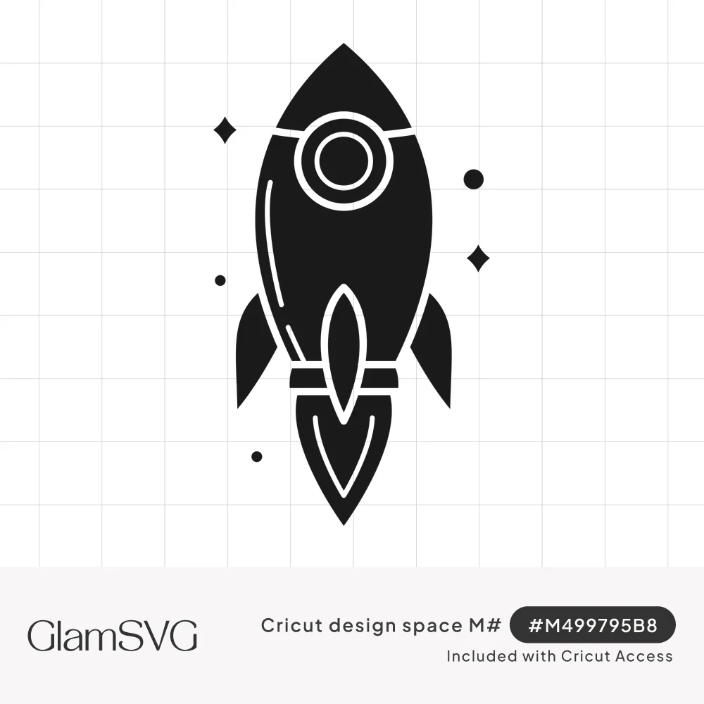 Black silhouette rocket ship with round porthole, side fins and flame, surrounded by small stars and dots