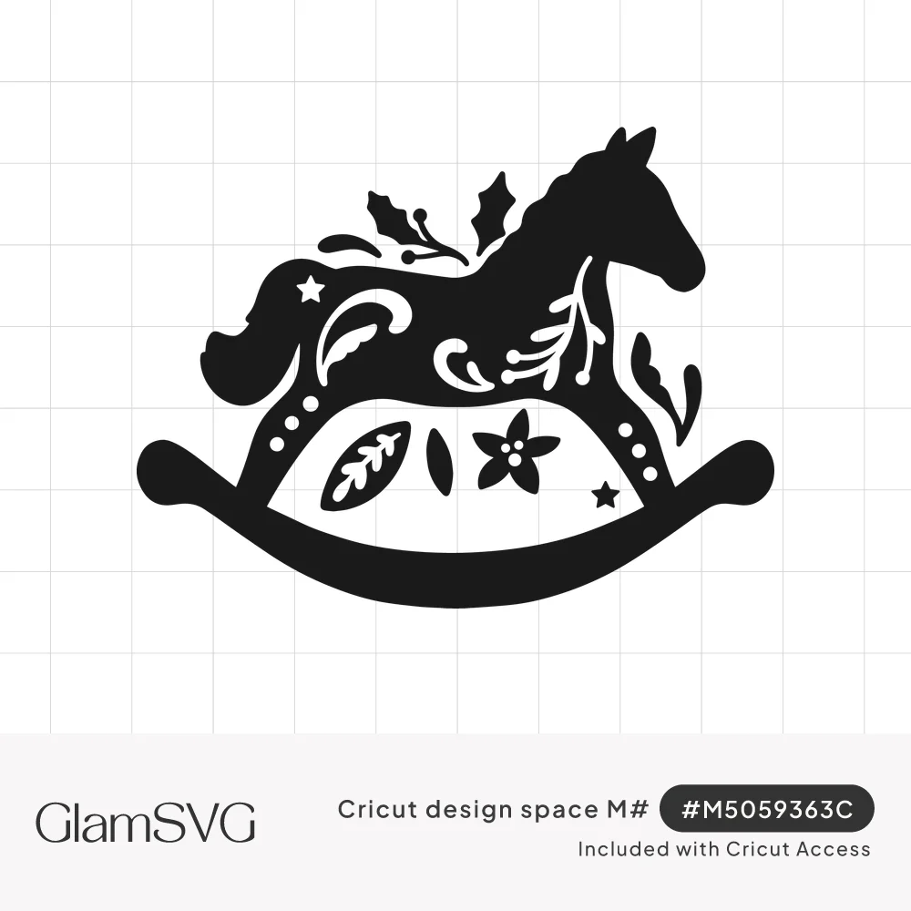 Black silhouette of a rocking horse with holly, berries, stars, a flower and swirl cutouts in a folk-art style