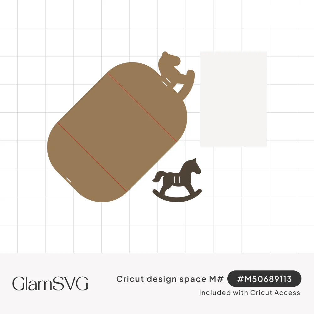 Brown rounded gatefold card template with rocking horse tab, white rectangular insert and a dark brown rocking horse cutout