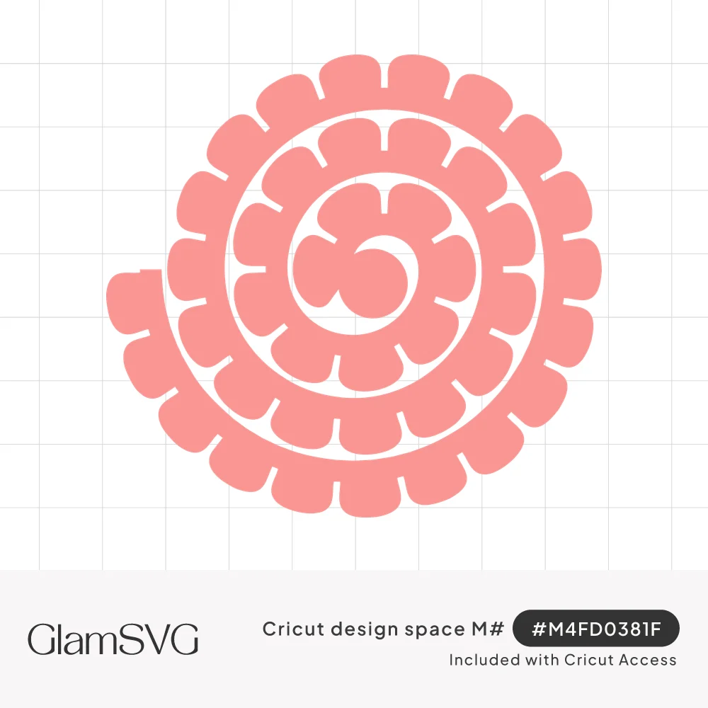 Coral pink spiral strip with scalloped petal edges, a template that rolls into a 3D paper flower