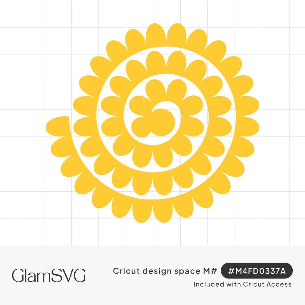 Yellow scalloped spiral flower template with rounded petals that rolls up into a 3D paper flower