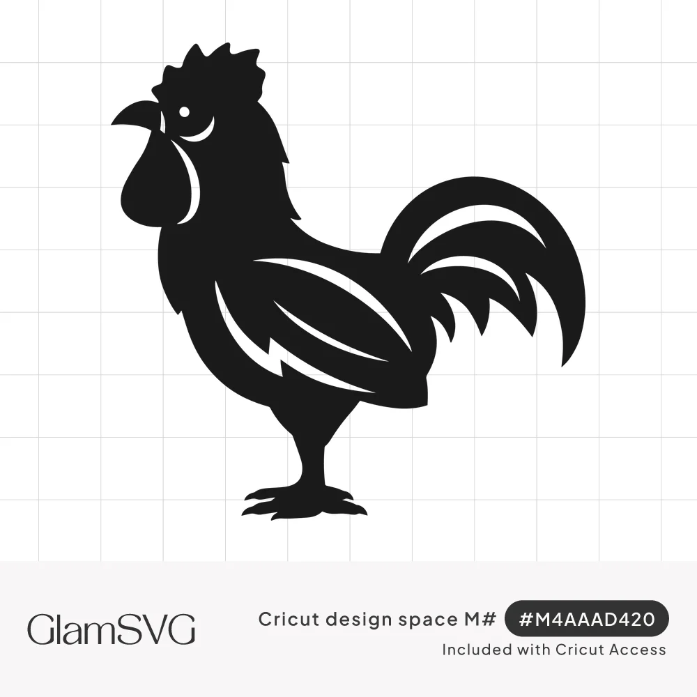 Solid black rooster silhouette in side profile with curved negative-space lines defining its wing and tail feathers