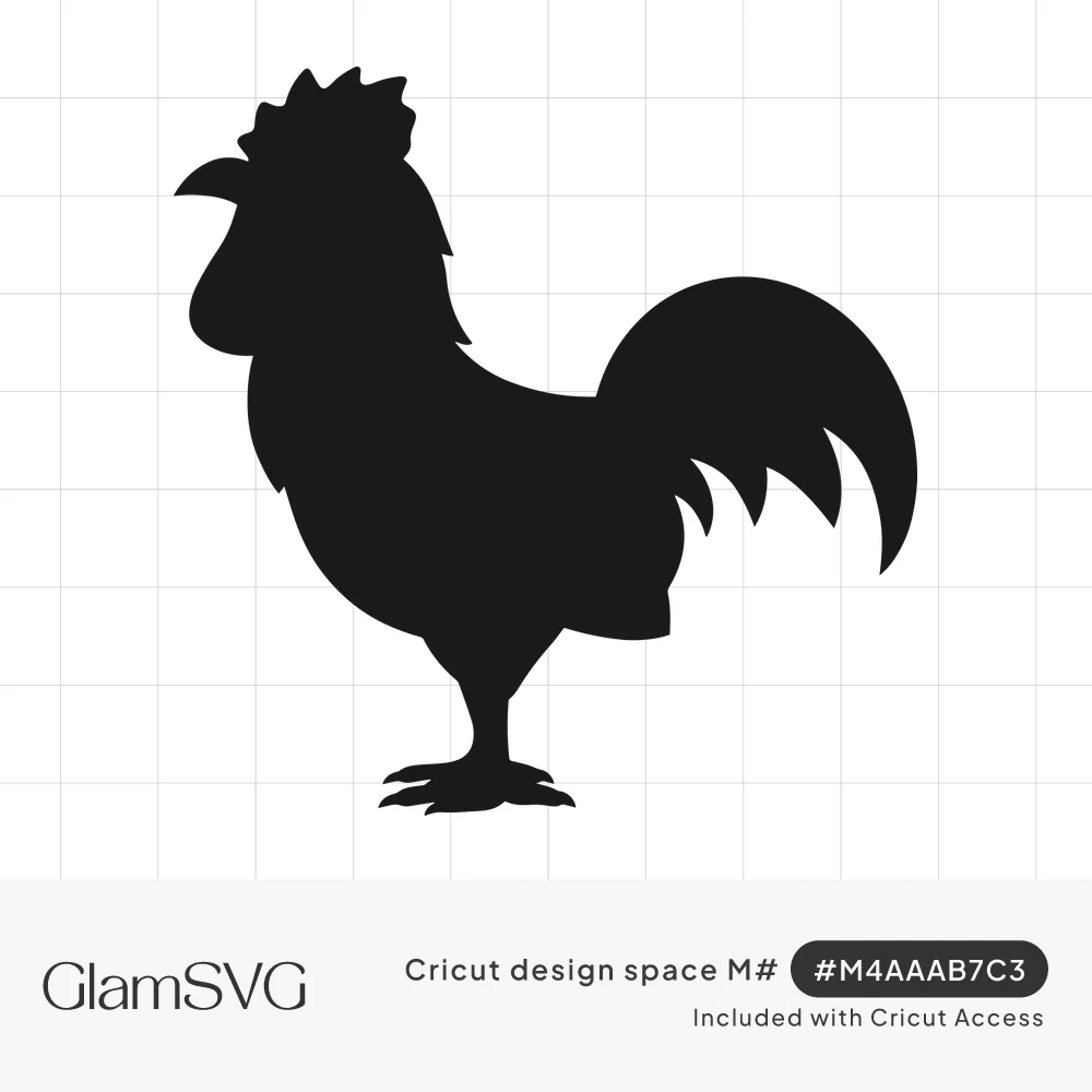 Solid black silhouette of a rooster standing in profile with a jagged comb and long curved tail feathers
