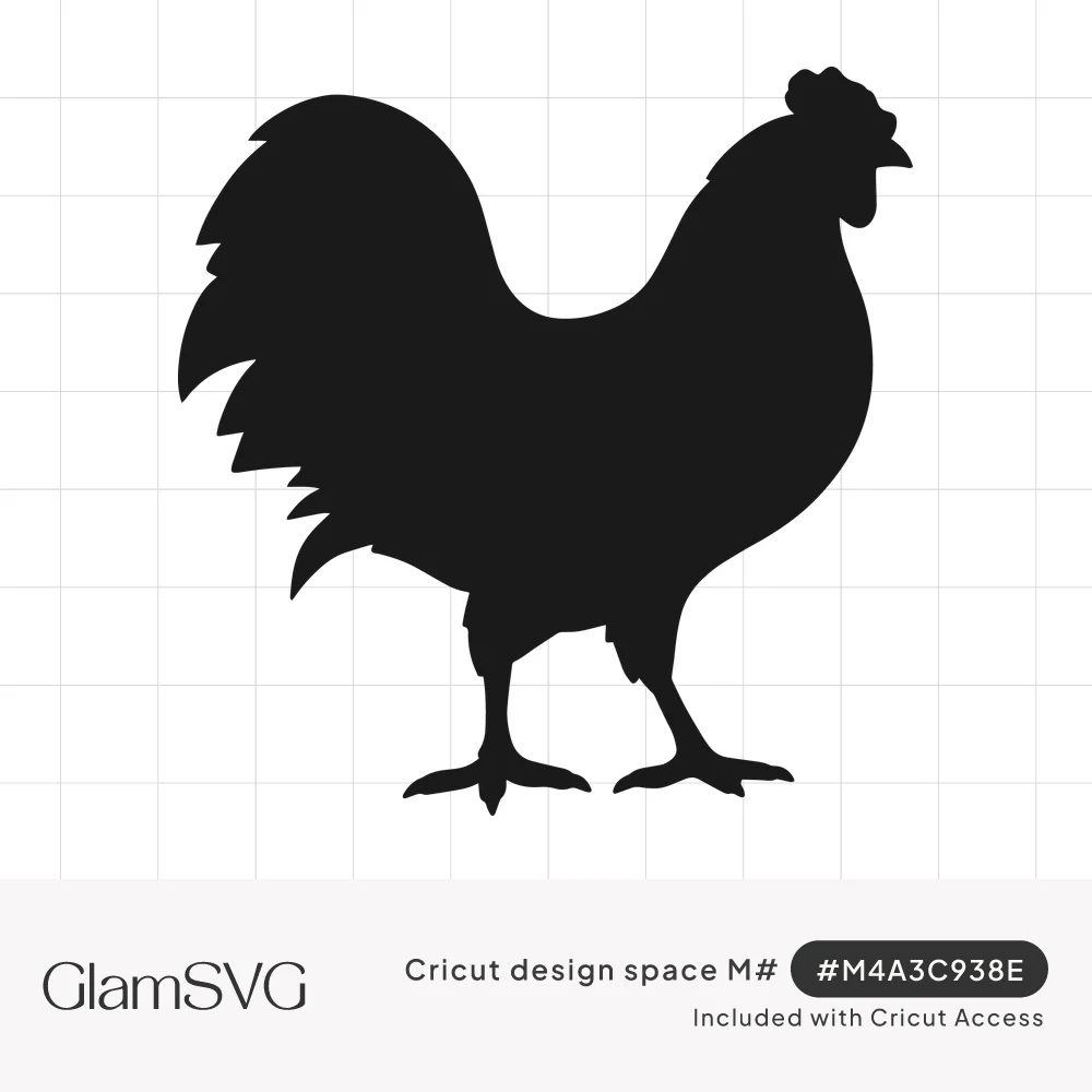 Solid black silhouette of a rooster walking to the right with a raised comb and fanned tail feathers
