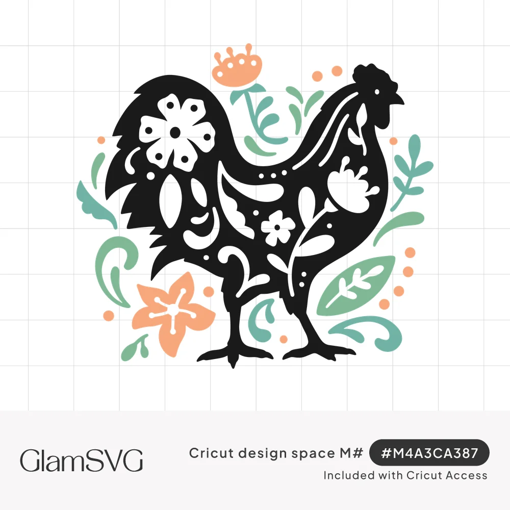 Black rooster silhouette with white floral cutouts surrounded by peach flowers and green leaves and swirls