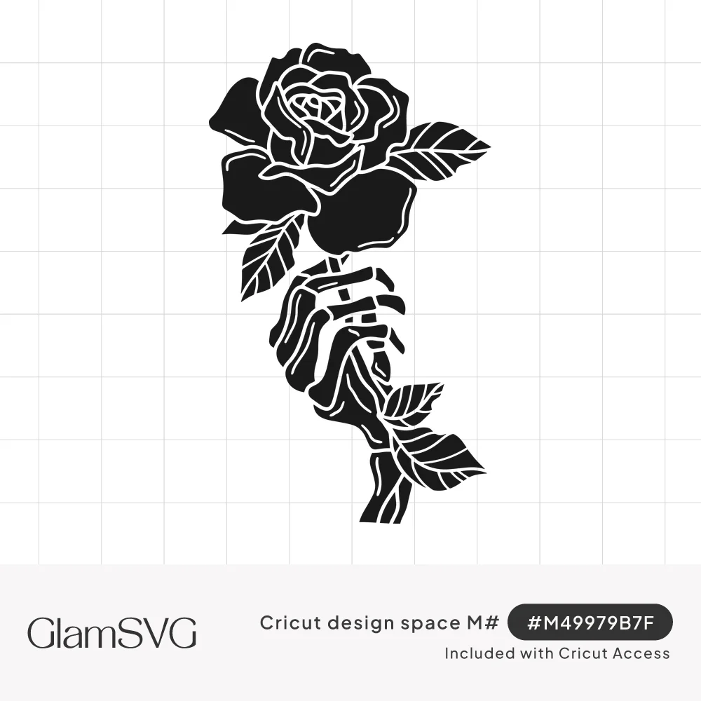 Black silhouette of a skeleton hand holding a blooming rose with leaves on a long stem