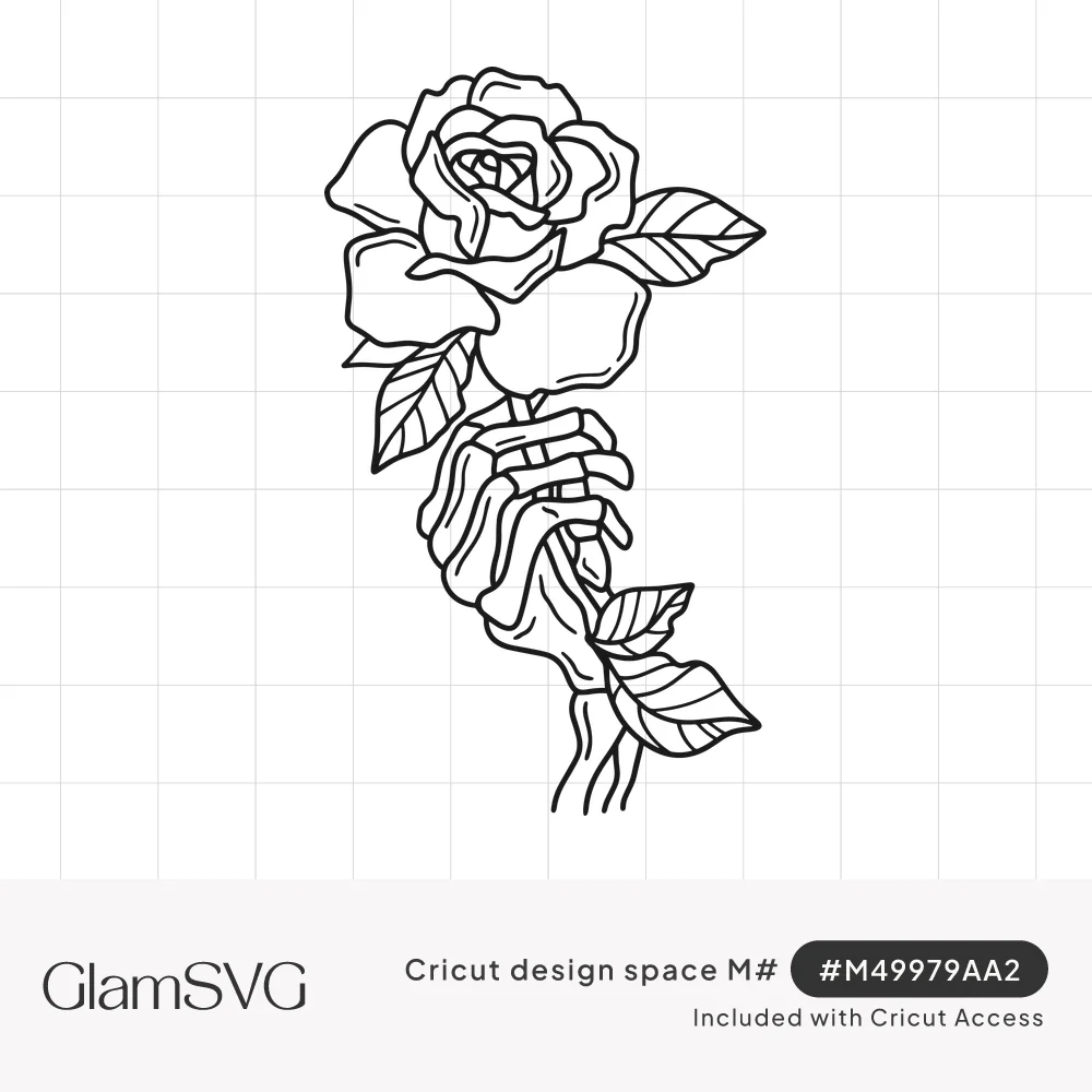 Black line drawing of a skeleton hand holding a long-stemmed rose with open petals and leaves