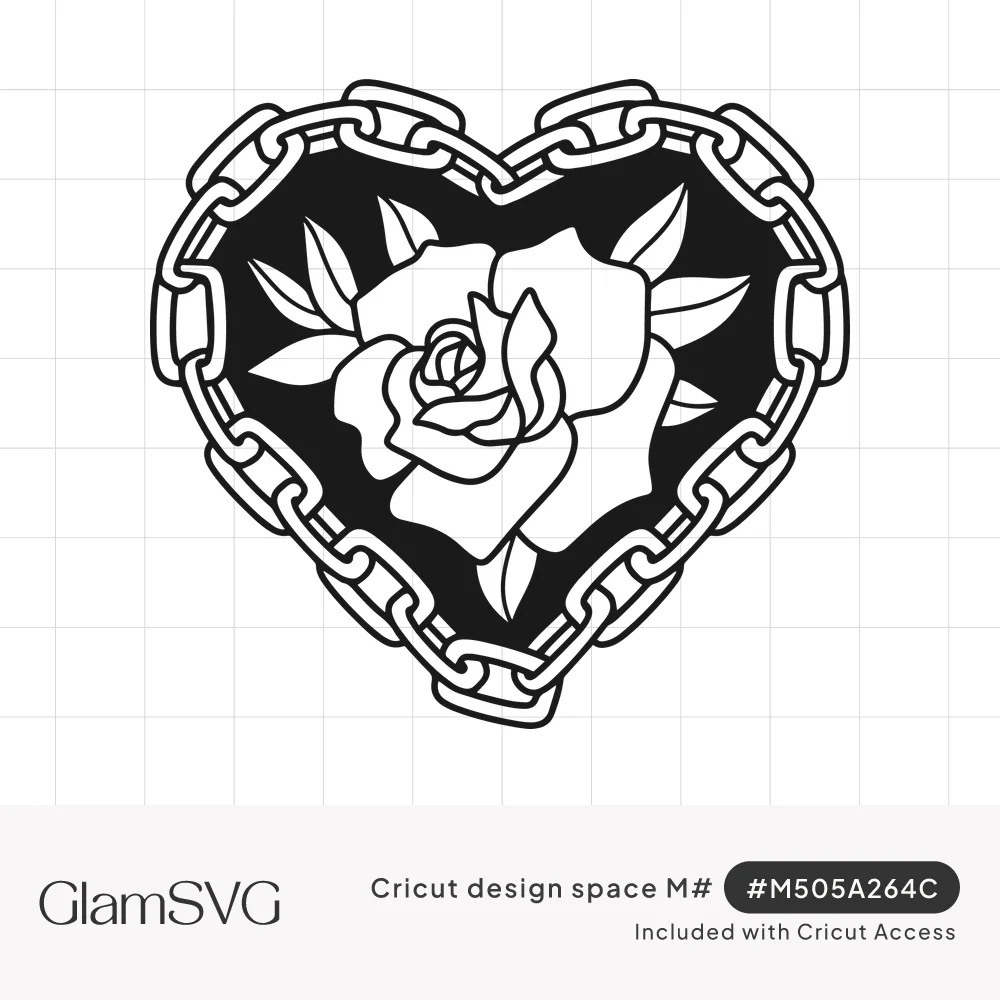 Black and white line art of a rose with leaves inside a heart-shaped frame made of chain links