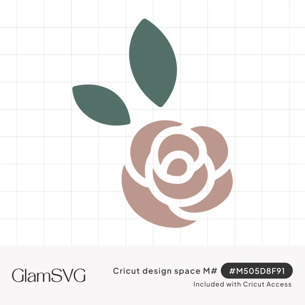 Simple dusty pink rose bloom with spiral petals and two sage green leaves above it, in bold solid shapes