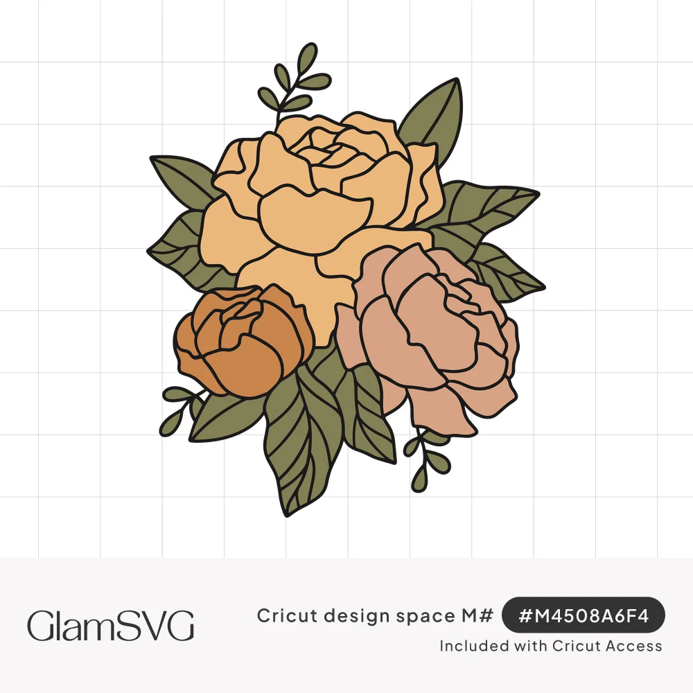 Bouquet of peach, blush pink and rust roses with sage green leaves drawn with bold black outlines