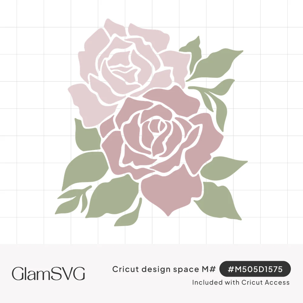 Two overlapping roses in pale pink and dusty mauve surrounded by sage green leaves, drawn in a stencil style