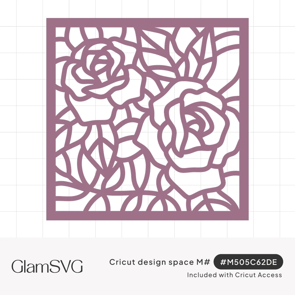 Square cut-out panel of two roses and leaves drawn in bold mauve stained glass style outlines inside a frame