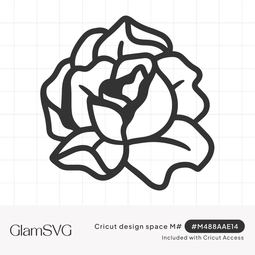 Black line drawing of a single open rose with thick outlines, ruffled outer petals and a tightly curled center bud