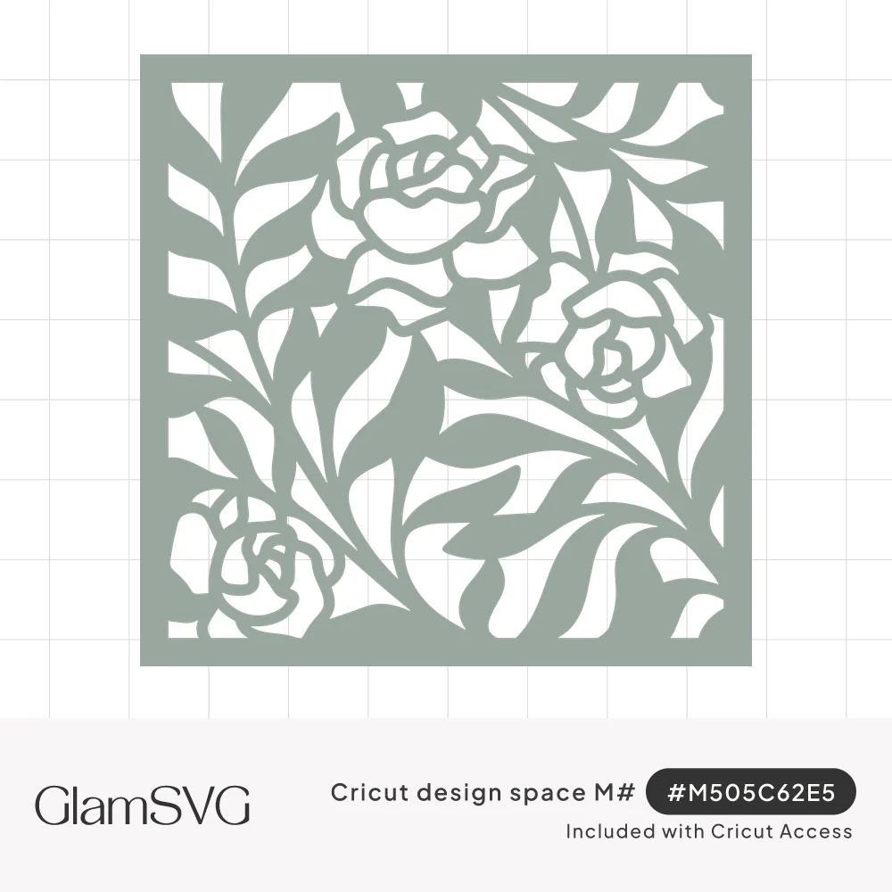 Square sage green cutout panel of three roses surrounded by curving leaf branches in a papercut style