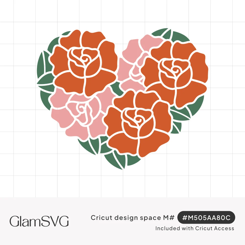 Heart shape filled with orange and pink roses surrounded by green leaves, a layered floral cut design