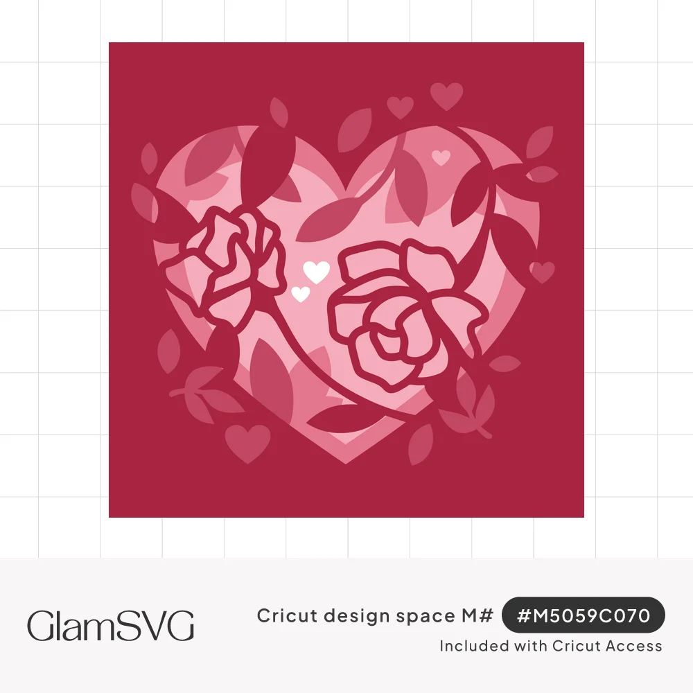 Layered pink and red heart shadowbox with two cutout roses, leafy vines and small floating hearts
