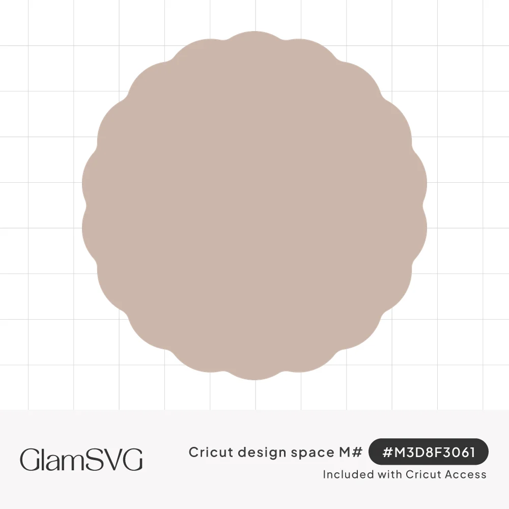 Blank round label shape with soft scalloped edges in a muted taupe color