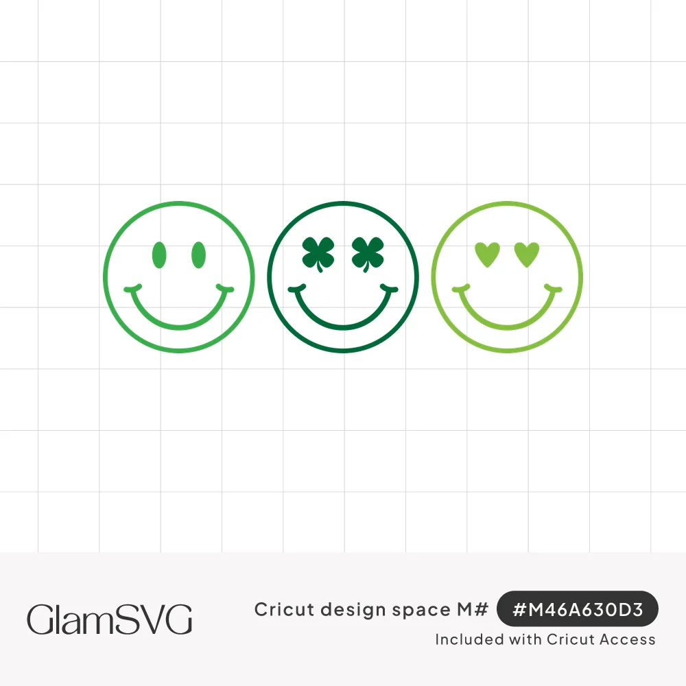 Three green outlined smiley faces in a row, with oval eyes, four-leaf clover eyes and heart eyes