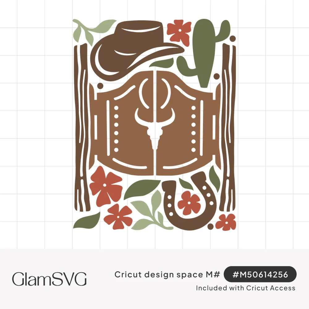 Swinging saloon doors with longhorn skull, cowboy hat, cactus, horseshoe, red flowers and leaves between wooden posts