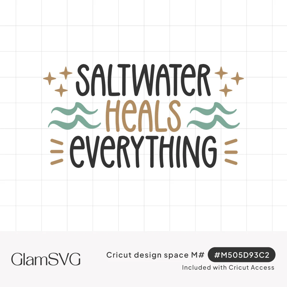 Hand-lettered quote Saltwater Heals Everything in black and gold with teal wave lines and gold sparkle stars