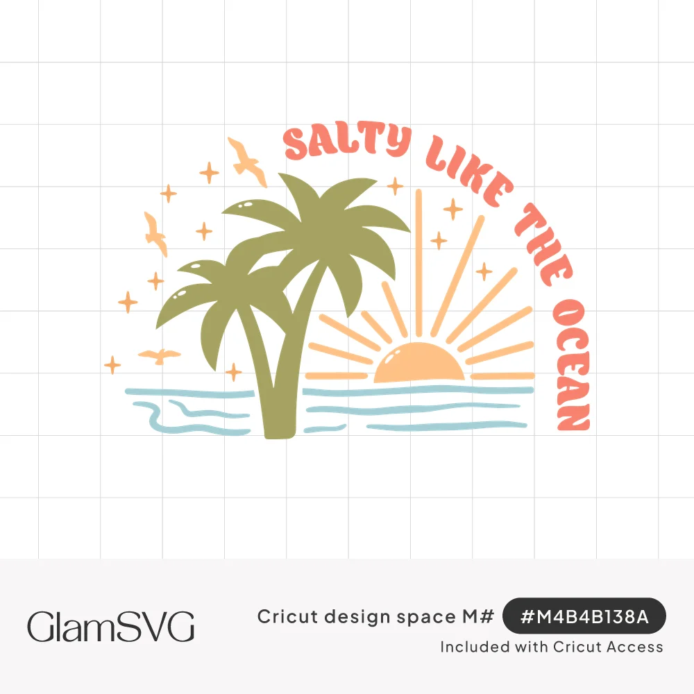 Two palm trees beside ocean waves and a rising sun with seagulls, under arched coral text reading Salty Like the Ocean
