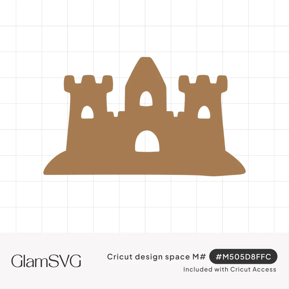Tan sandcastle silhouette with two crenellated towers, a pointed center tower, arched windows and a door on a sand mound