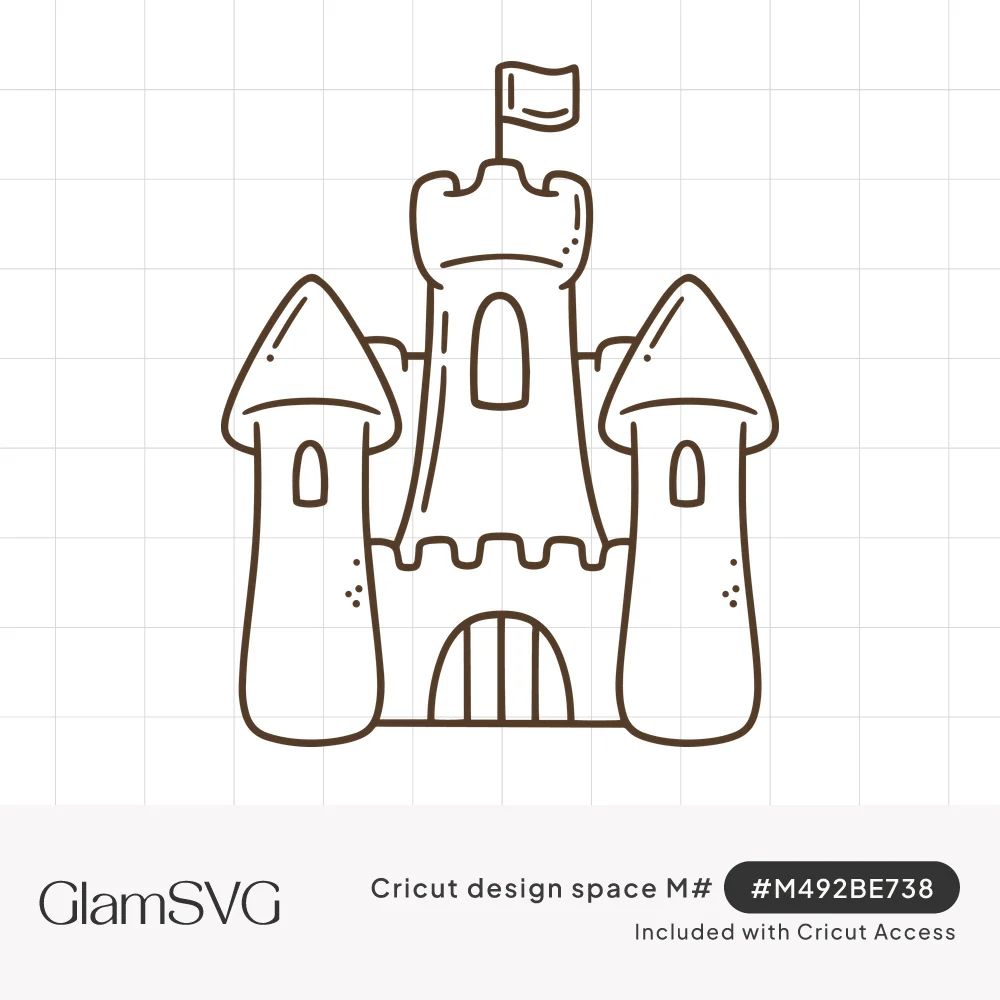 Brown line drawing of a sandcastle with two pointed towers, a central tower with a flag, an arched door and sand speckles