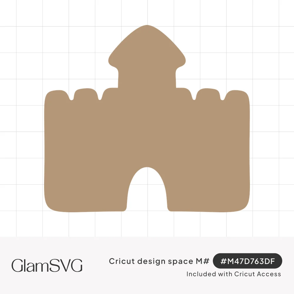 Tan sandcastle silhouette with notched battlements, a pointed center tower and an arched doorway