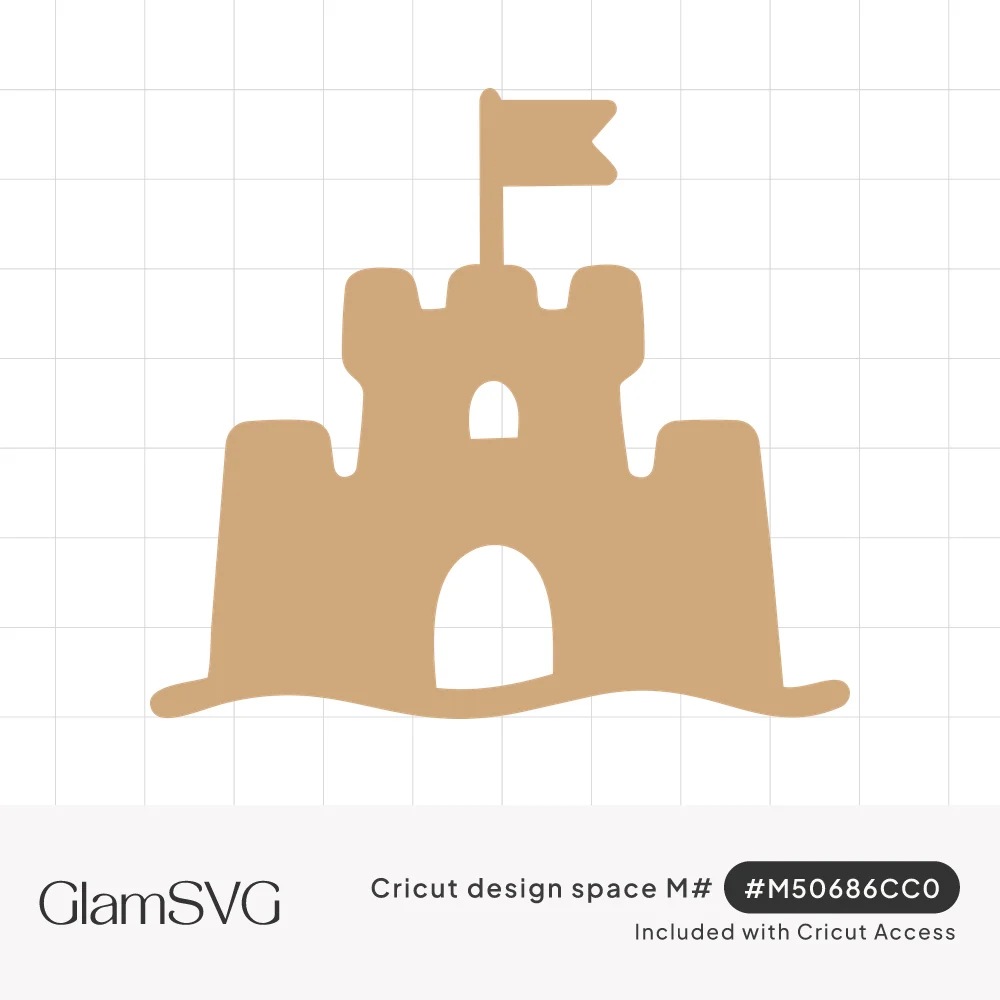 Tan sandcastle silhouette with three towers, arched doorway, small window and a flag on top, sitting on wavy sand