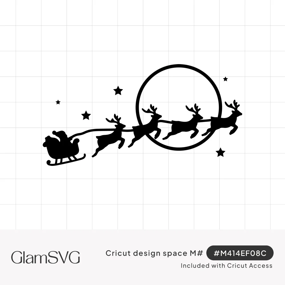 Black silhouette of Santa in his sleigh pulled by four flying reindeer past an outlined full moon with small stars