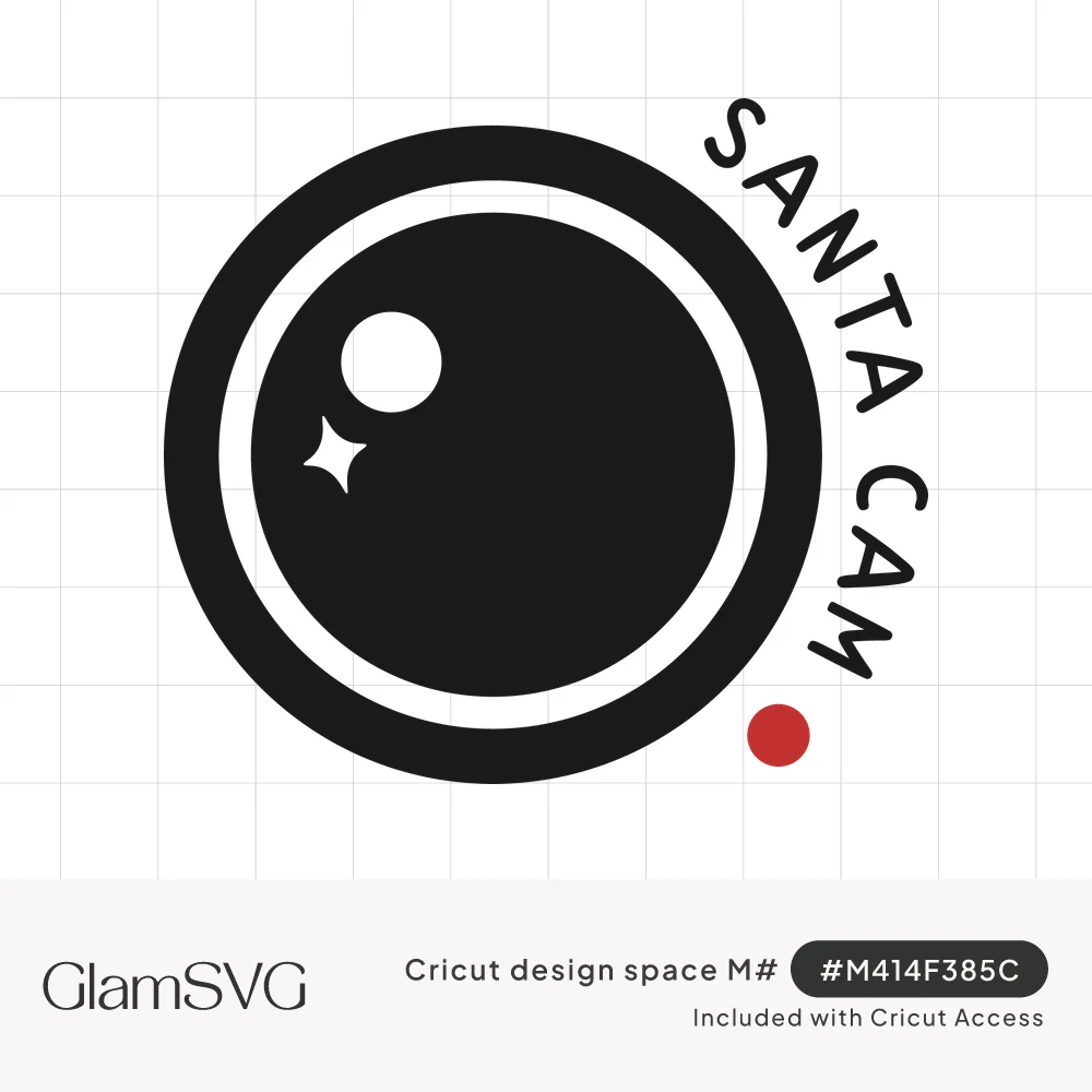 Black camera lens with white ring, sparkle highlight, curved SANTA CAM text and a red recording dot