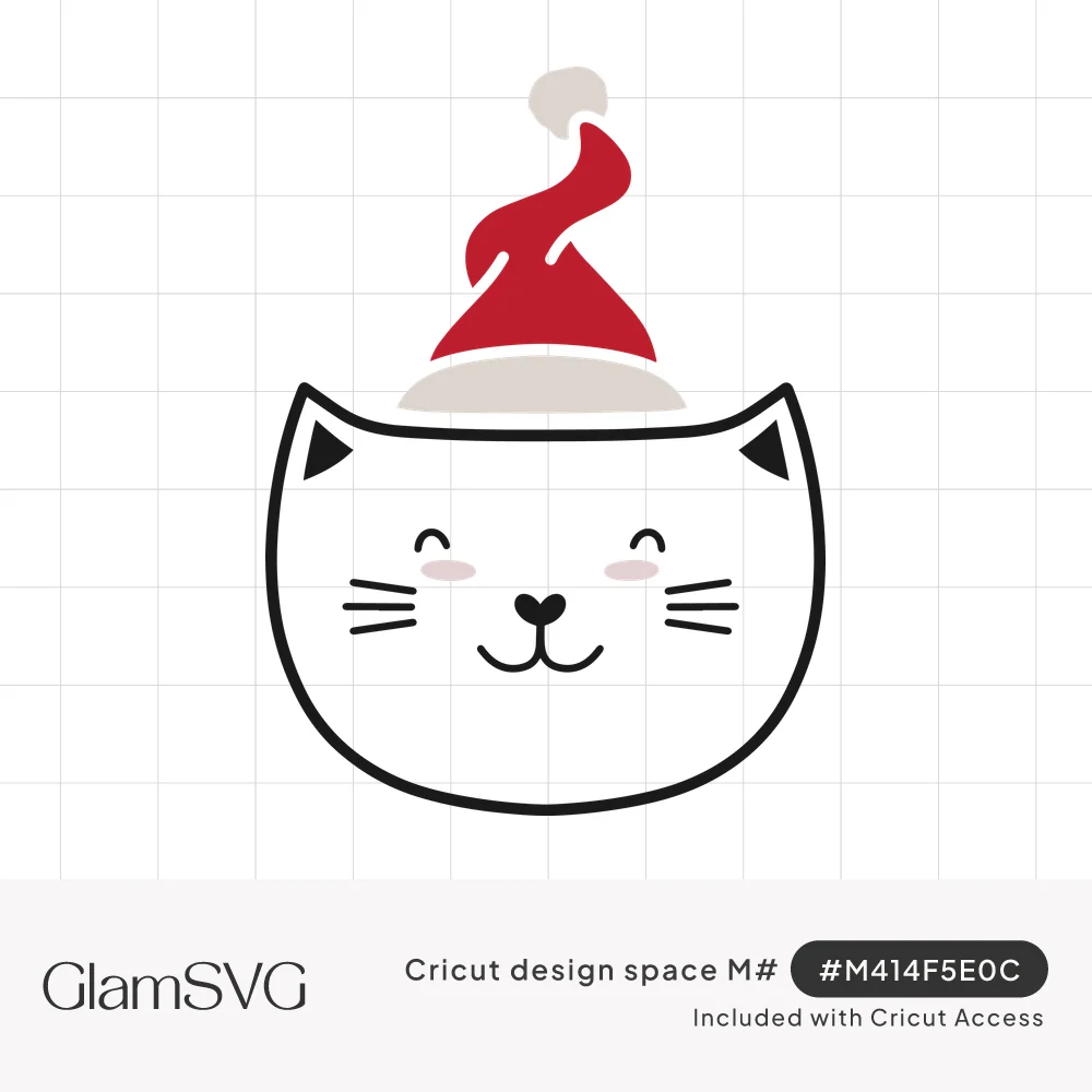 Line-drawn white cat face with closed smiling eyes and pink cheeks wearing a curly red and cream Santa hat