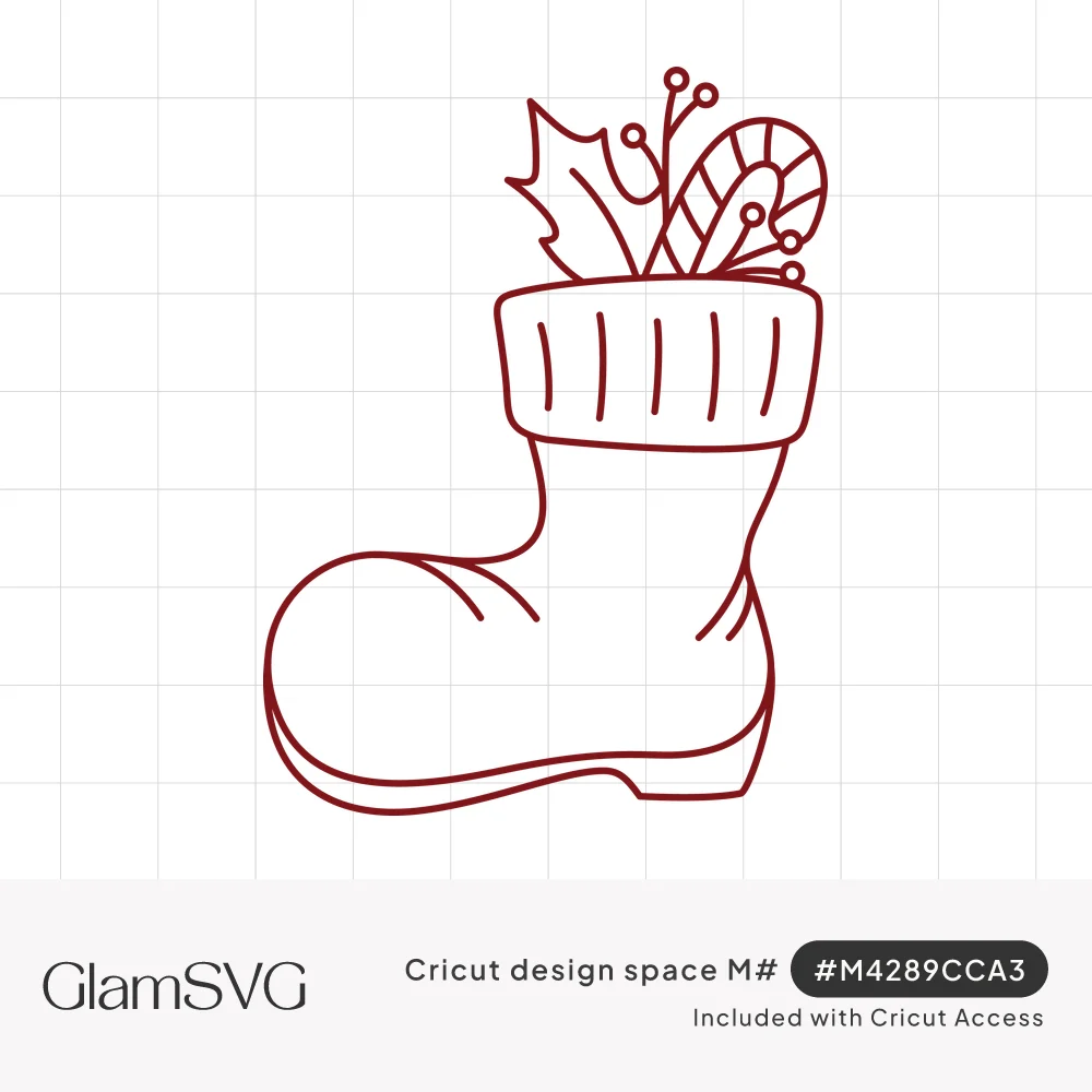 Line drawing of a cuffed Santa boot holding a holly leaf, berry sprigs and a striped candy cane
