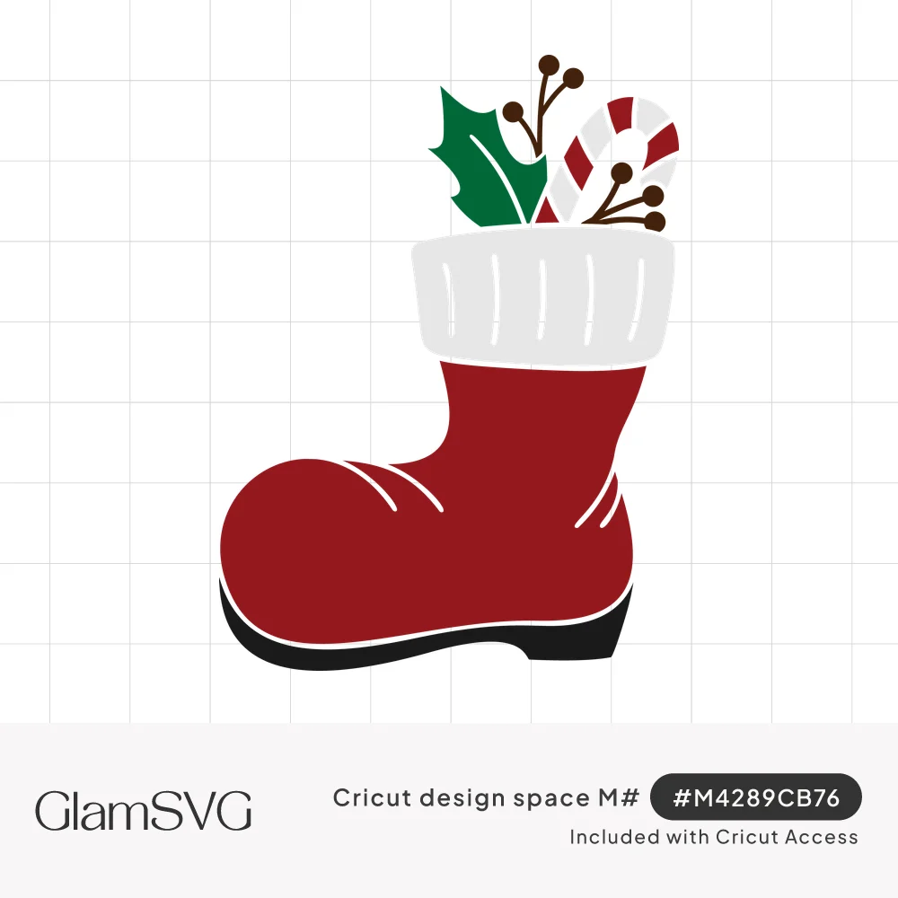 Red Santa boot with white fur cuff holding a green holly leaf, red berries and a striped candy cane